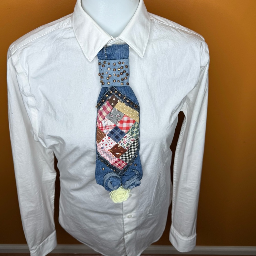 Patchwork Denim Tie With Studs - image 3